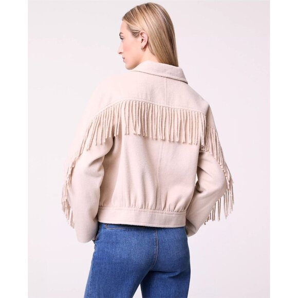🆕ANN TAYLOR Fringe Bomber Jacket Wool Blend Lined Beige Medium - Picture 2 of 11
